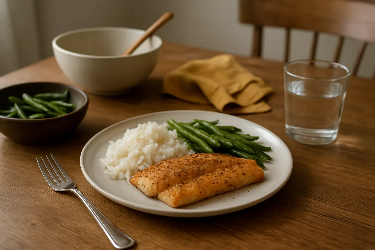 A home-cooked dinner laid out on a dining table